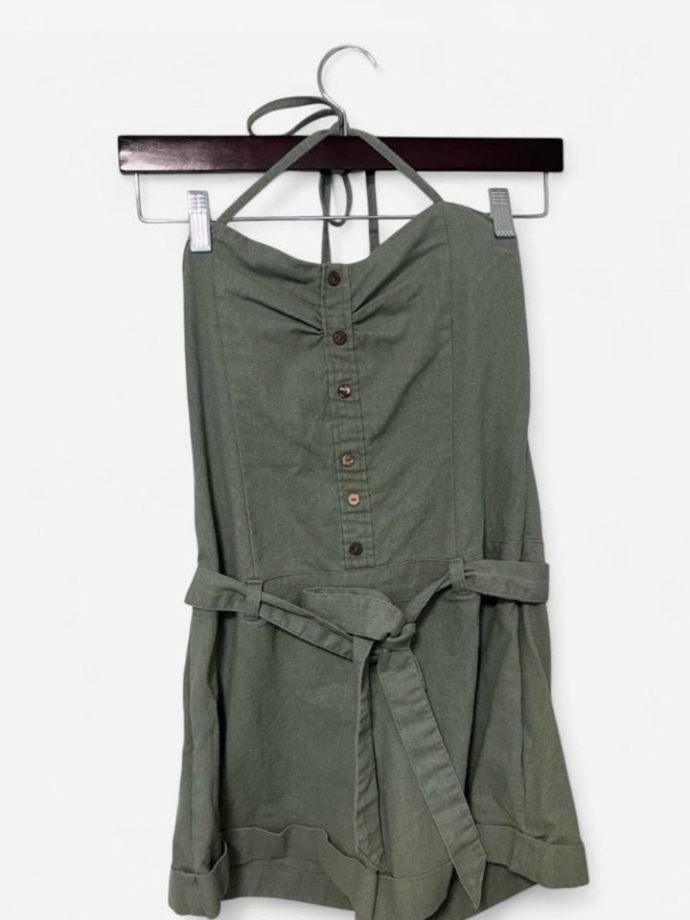 Olive Green Tie-Waist Button Front Linen Blend Halter Romper Women’s Size M - Picture 2 of 6